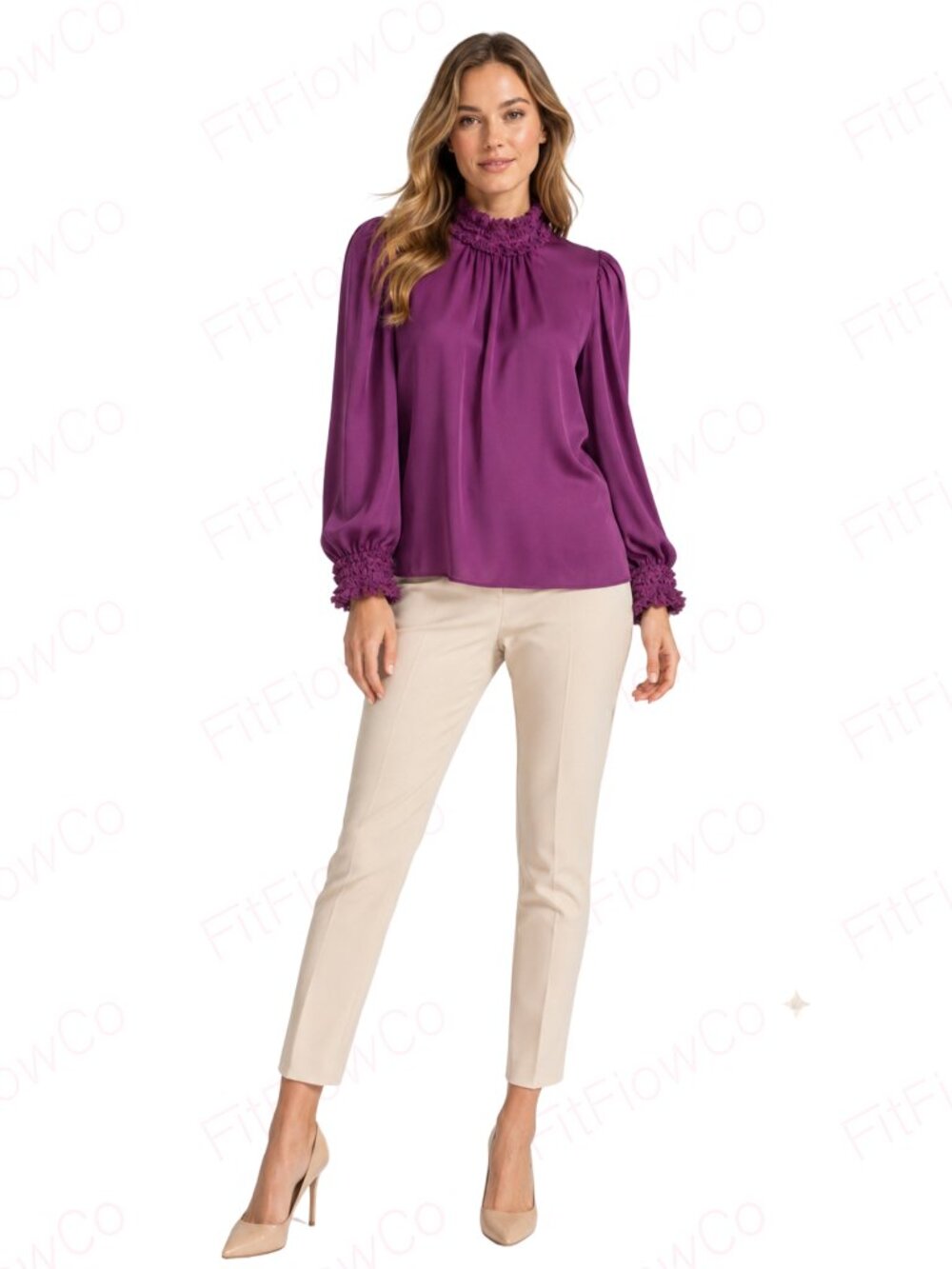 ZARA Magenta Satin Blouse Ruffle High Neck Puff Sleeves XS